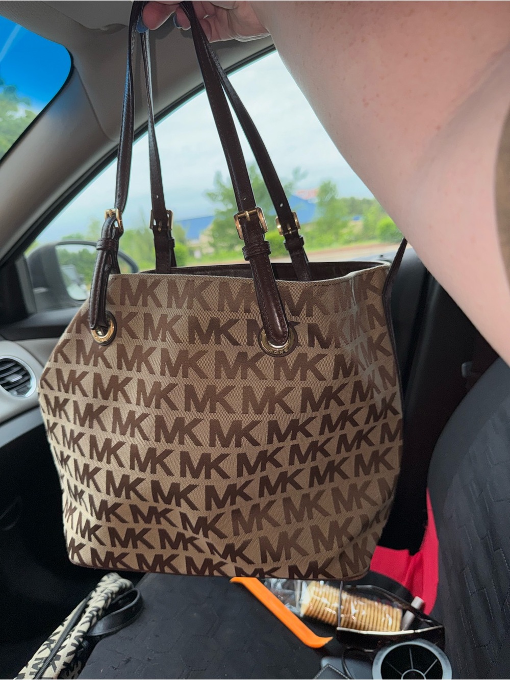 Michael Kors Brown MK Signature Canvas Tote with Dark Brown Leather Straps